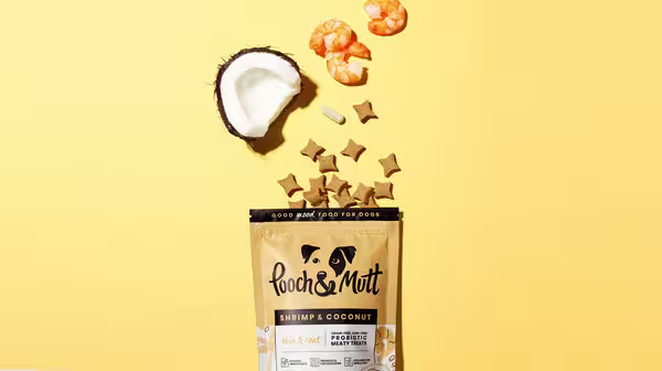 Pooch & Mutt's Shrimp & Coconut Meaty Treats packet, with fresh ingredients bursting out, against a yellow background